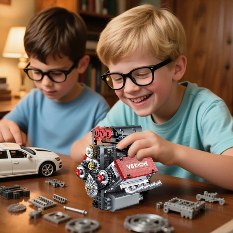 V8 Mechanical Engine Building Block Kit, 3D Plug Assembly Simulated Model, Home Desktop Display, Exclusive Gift For Collectors