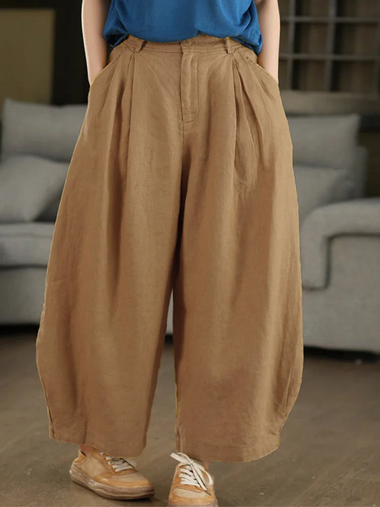 New 2026 Summer Wide Leg Pants Loose Fit Linen Trousers for plus Size Women Simple Vintage Style Casual High Waist Trousers