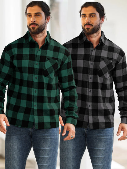 2-Piece Men's Multi-Pattern Plaid Shirt with Color Block Design, Single-Breasted with Pockets, Suitable for Layering or Wearing