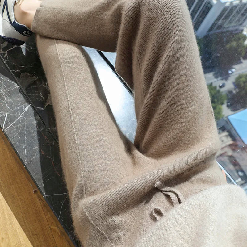 100% mink wool knitted high-waisted pencil pants women's casual autumn and winter new warm solid color thick cashmere pants