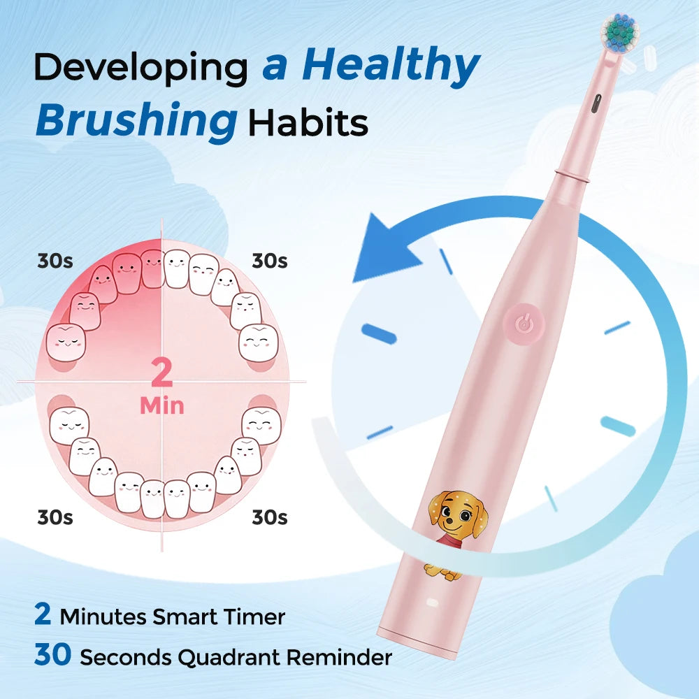  5 Modes Timer Electric Toothbrush Children Cartoon Smart Round Head Rotating Oral Teeth Cleaning Tool with Replacement Heads