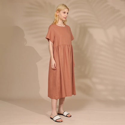 Summer Cotton Linen Women Dresses Vintage Short Sleeve Casual Loose Back Bandage Harajuku Party Club Dress With Pockets