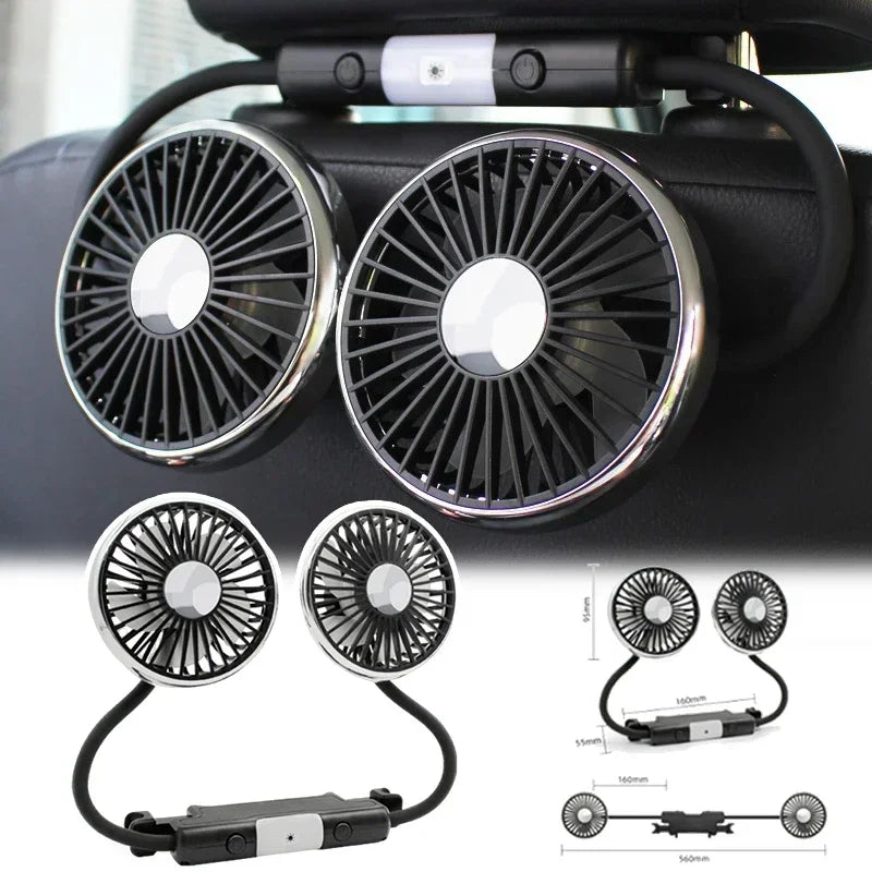 Car Fan 360° Car Seat Back Cooling Fan USB Charge Dual Head Fan Adjustable Rotation Neck Cooler for Car Home Accessories