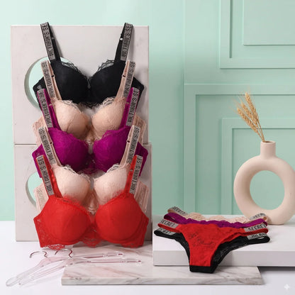 Victoria's Secret Bra and Panty Set Classic Women's Lingerie Set Sexy Lace Trim Pattern Breathable Gathered Padded New Soft