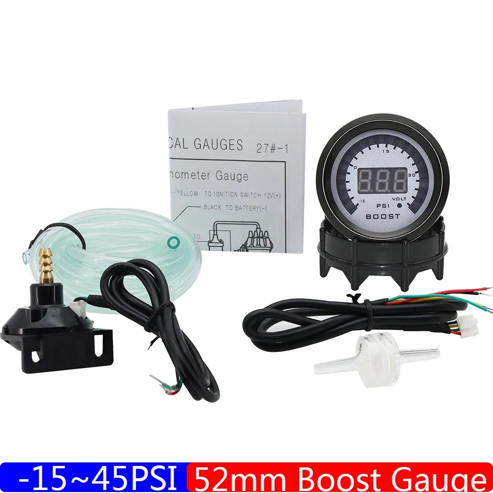 2" 52mm Auto Car Gauge Turbo Boost Gauge -1-3BAR/-15-45PSI Turbo Boost Meter with Sensor BAR PSI for Universal Gasoline Car 12V