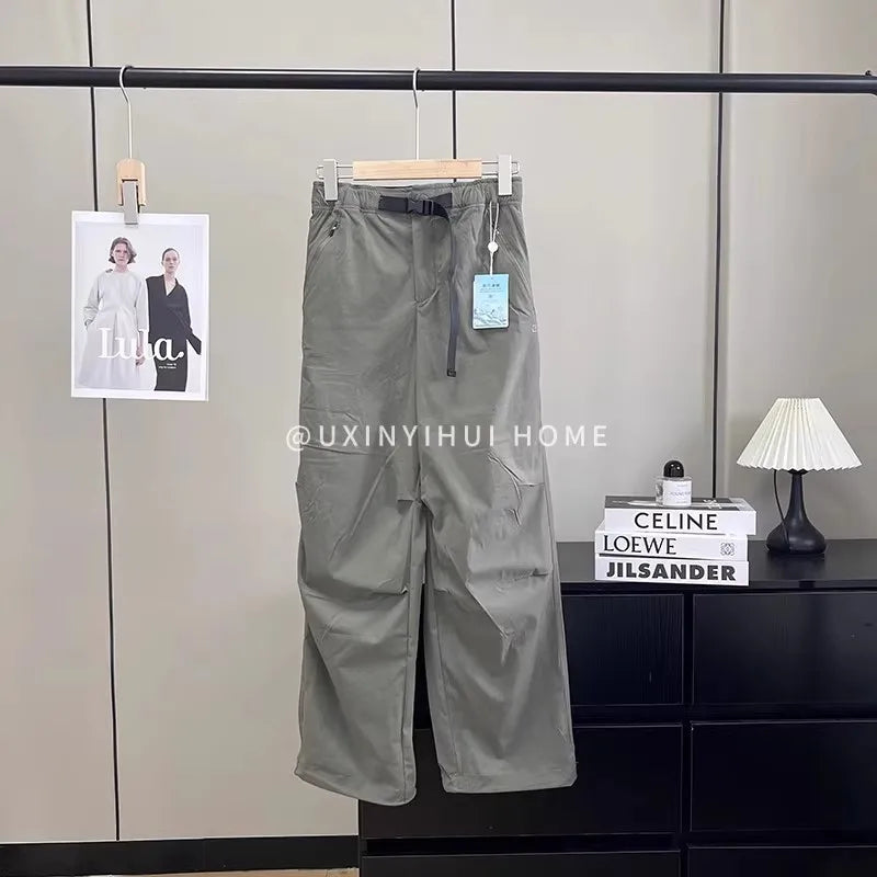 Lightweight Breathable Quick-Dry Paratrooper Pants Women's Casual Loose Fit Sunscreen Waist Cord Trousers Korean Style High W...