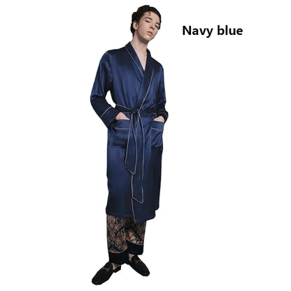 100% Natural Silk Men's Long Nightgown Navy Blue Casual Lounging Dress Comfortable Loose Size 5XL Weight 150KG Pajamas Cool