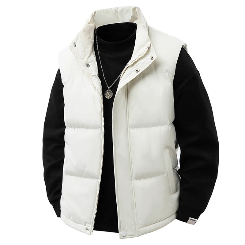 Puffer Vest Men Soild Casual Warm Winter Vest Jacket Windproof Thicken Waistcoat Sleeveless Korean Fashion Stand Collar Coats
