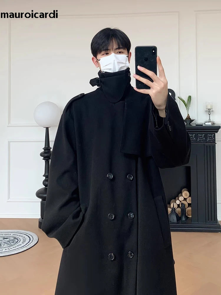 Mauroicardi Autumn Winter Long Oversized Windproof Black Warm Woolen Coat Men Sashes Double Breasted Wool Blends Overcoat 2023