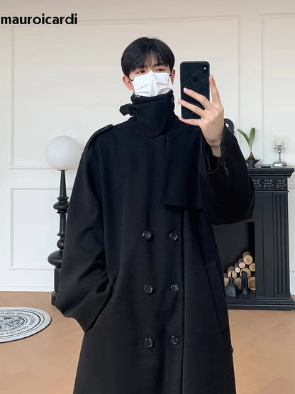 Mauroicardi Autumn Winter Long Oversized Windproof Black Warm Woolen Coat Men Sashes Double Breasted Wool Blends Overcoat 2023