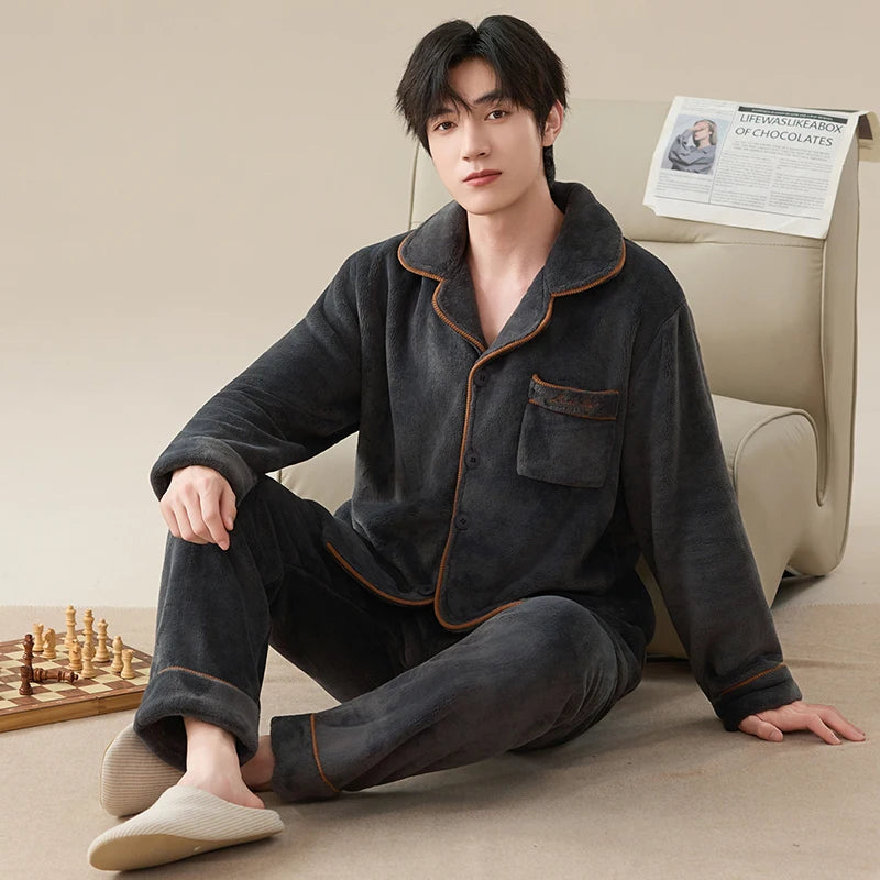 Winter Men Flannel Sleepwear MaleThick Warm Turn-down Collar Pijamas