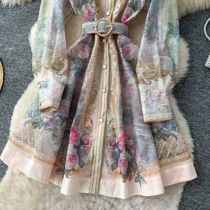 Elegant Flower Printed Linen Mini Dress with Long Lantern Sleeves Women's Lapel Single-Breasted for Birthday Party Club Wear