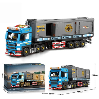 New heavy-duty truck building block sets in various styles, including containers, tank trucks, cranes, and RV vehicle constructi