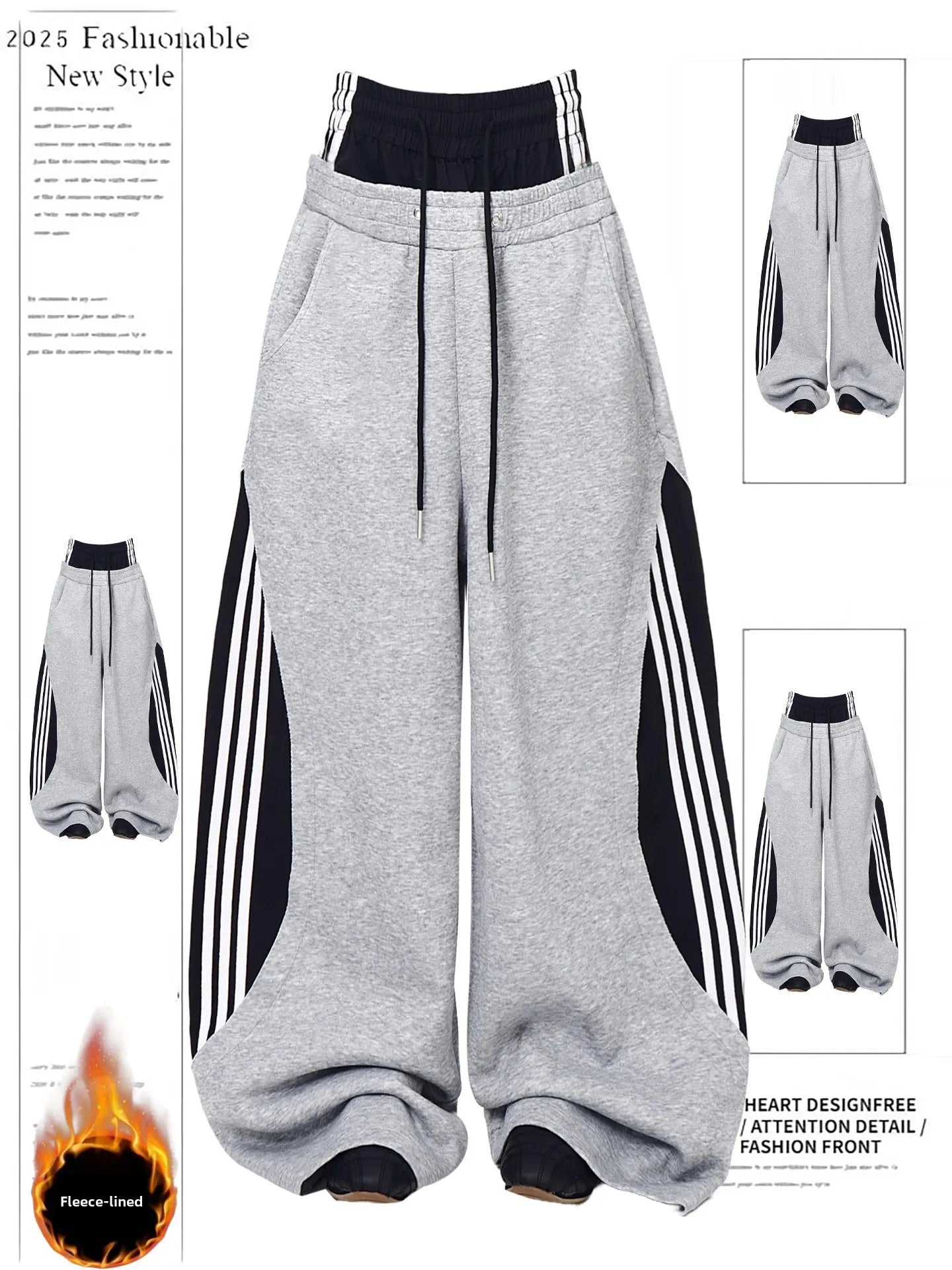 Retro American Fleece Lined Thickened Knife  Wide Leg Pants Women's Winter Double Waist Dance Trousers Casual Striped Pants