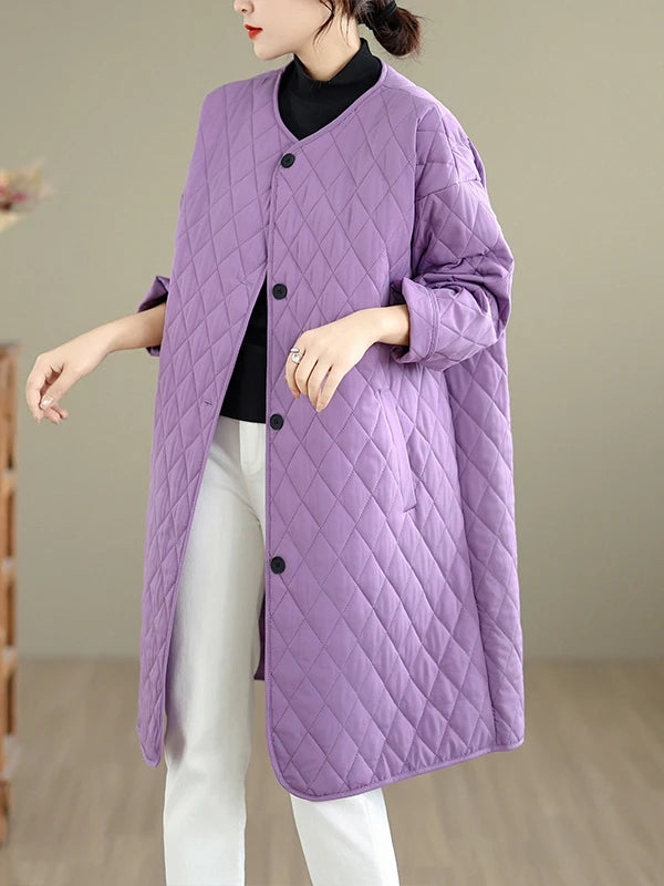 Korean Japanese High End plus Size Cotton Jacket Women's Casual Versatile Diamond Pattern Mid-Length  Color round Neck Coat