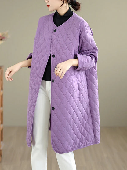 Korean Japanese High End plus Size Cotton Jacket Women's Casual Versatile Diamond Pattern Mid-Length  Color round Neck Coat