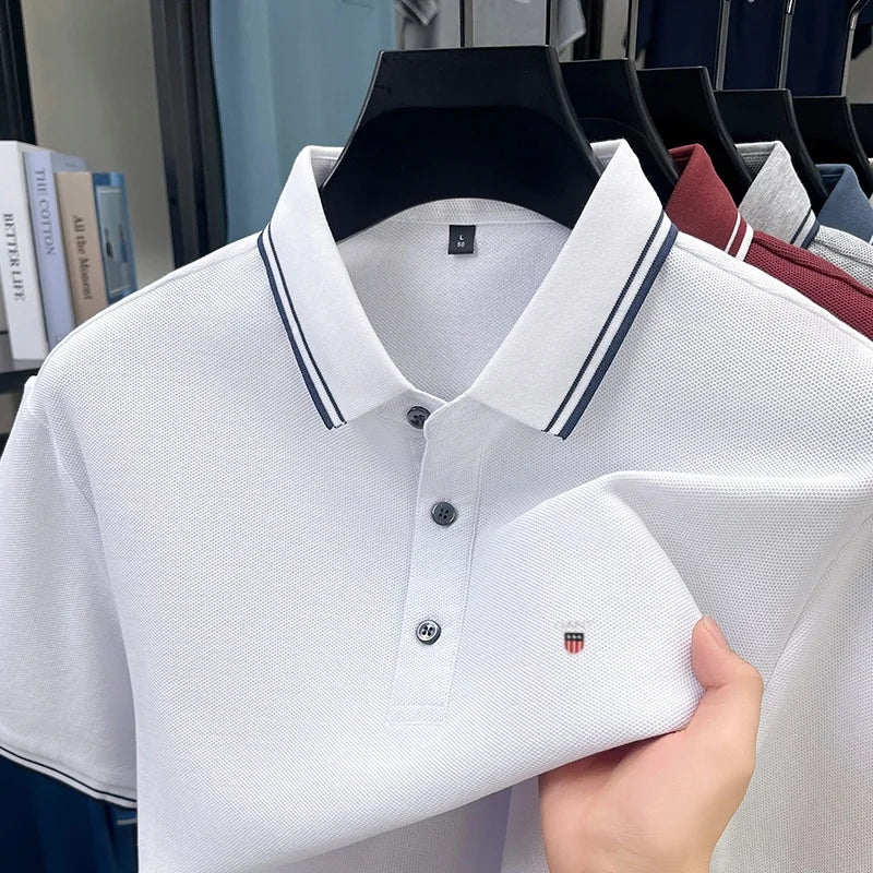 Summer men's exquisite embroidered short-sleeved POLO shirt 100% cotton breathable striped lapel daily business casual T-shirt