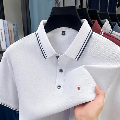 Summer men's exquisite embroidered short-sleeved POLO shirt 100% cotton breathable striped lapel daily business casual T-shirt