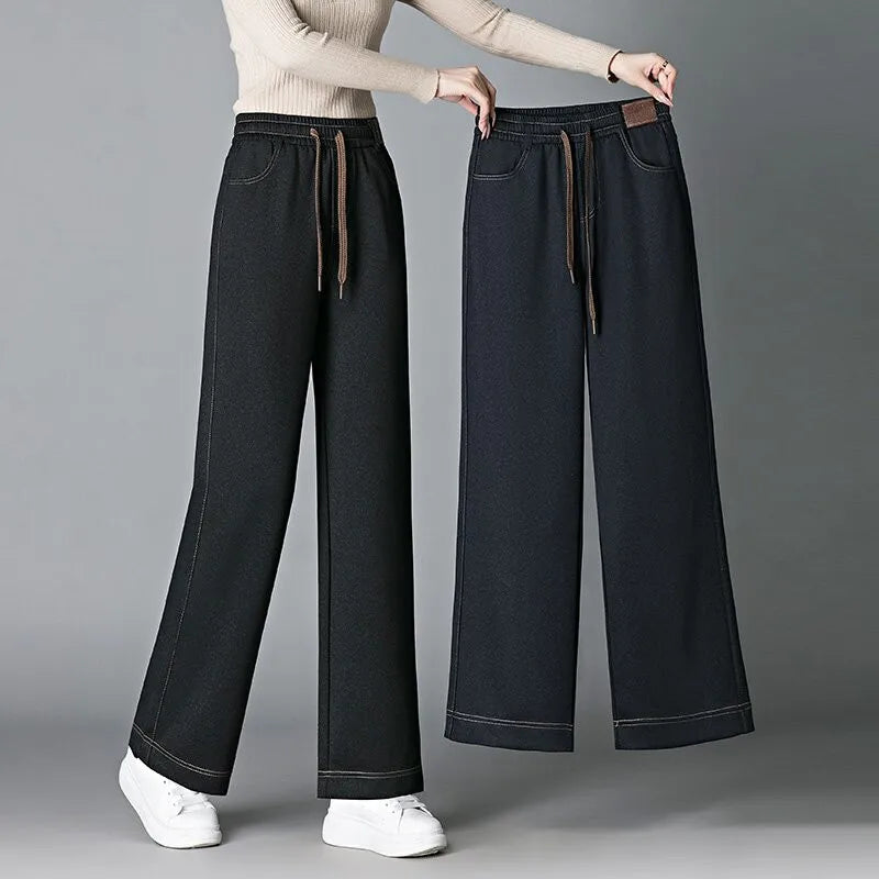 High Waist Fleece Lined Thick Wide Leg Jeans Women's Casual Straight Leg Pants Autumn Winter Loose Fit Comfortable Trousers