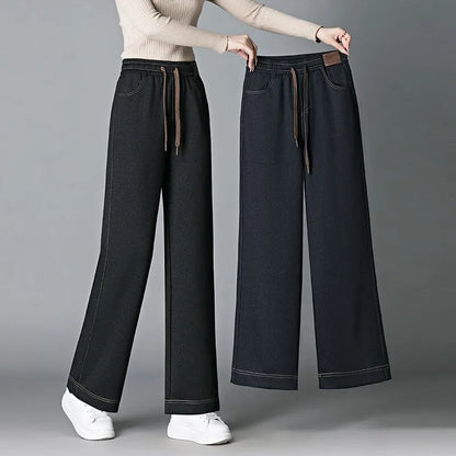 High Waist Fleece Lined Thick Wide Leg Jeans Women's Casual Straight Leg Pants Autumn Winter Loose Fit Comfortable Trousers
