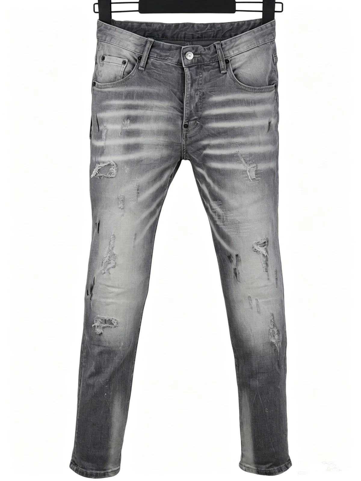 6058 Four Seasons New Men's Wash Grinding Hole Patch Paint Splash Ink Micro-bullet Leg Grey Jeans for Men