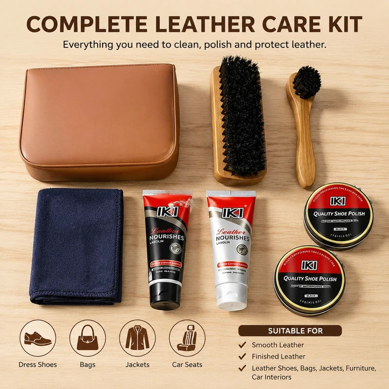 Leather Shoe Care Kit with Black And Colorless Shoe Polish 2 Black Solid Shoe Wax Two Horse Hair Brushes And Flannel Cloth