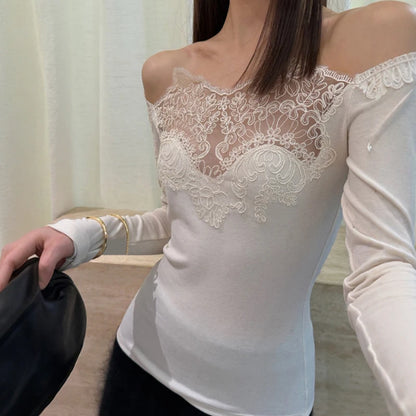 French Style Lace Trim Shoulder Bridesmaid Long Sleeve Slim Fit Base Shirt Women's Autumn Winter Fashionable Shoulder Bared Top