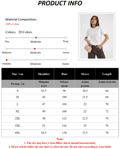 Bornladies Summer 100% Cotton Women's T-shirt Bottoming Basic Fashionable Lady Short Sleeve Loose Tops Shirts Solid 230g/㎡ Tops