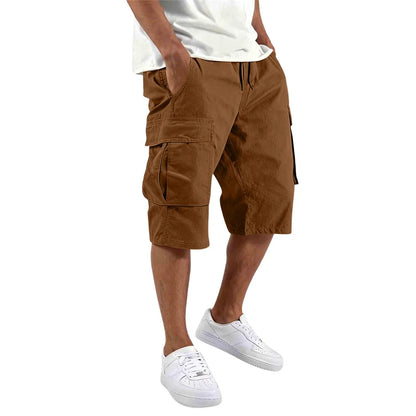 Summer Men Loose Straight Pants Casual Multi-Pocket Shorts Pure Color Fashion Men Shorts Drawstring Daily Cargo Short Pants