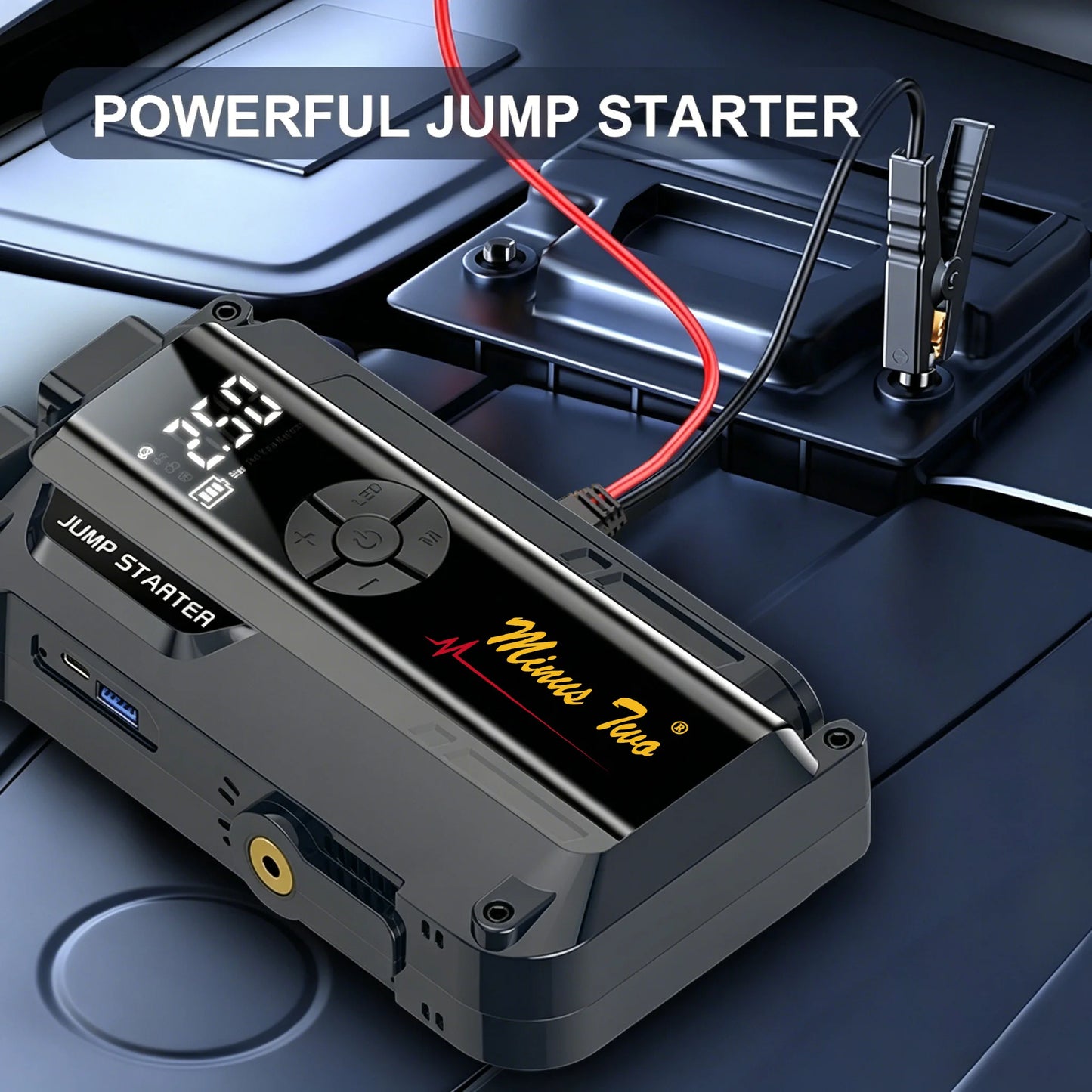 4 in 1 Jump Starter with Air Compressor, 1000A Peak Car Battery Booster, Portable Emergency Power Pack for Petrol Diesel Engine.