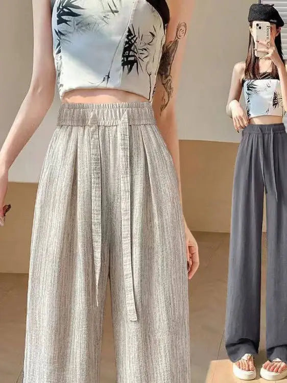 Ice Silk Slim Wide Leg Pants Women's Summer Drapey High Waist Straight Casual Lazy Floor Length Pants Cool Pants
