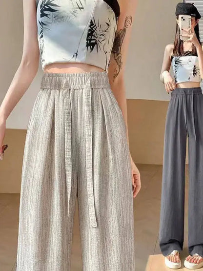 Ice Silk Slim Wide Leg Pants Women's Summer Drapey High Waist Straight Casual Lazy Floor Length Pants Cool Pants