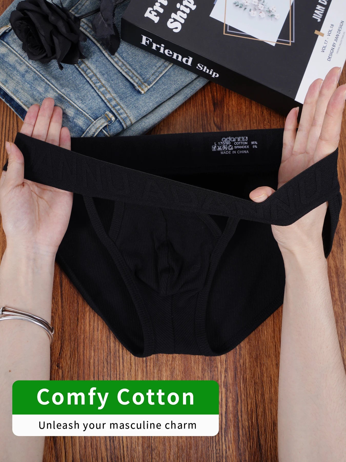 Men's 100% Cotton Ribbed Briefs U Convex Pouch Embossed Elastic Waistband Soft Skin-Friendly Breathable Underwear