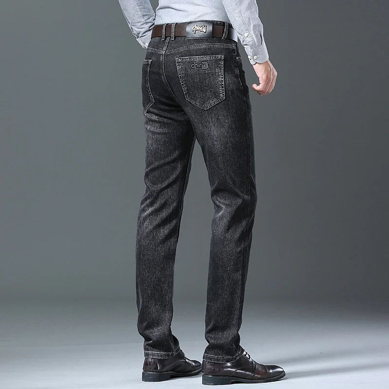2024 New Black Men's Autumn Winter Thick Jeans Classic Style Stretch Business Loose Straight-leg Casual Pants Men's Denim Pants