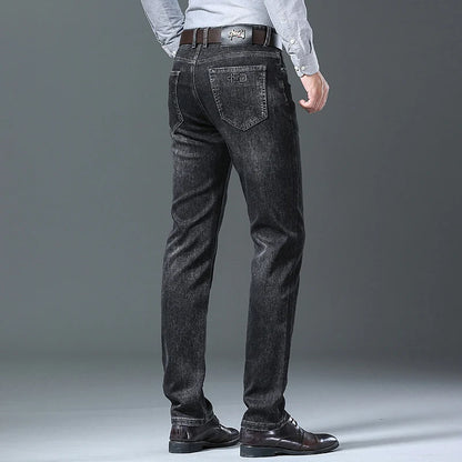 2024 New Black Men's Autumn Winter Thick Jeans Classic Style Stretch Business Loose Straight-leg Casual Pants Men's Denim Pants