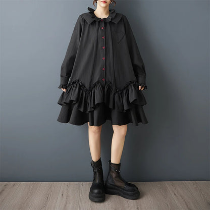 Loose Dark Design Double Layered Doll Collar Ruffle  Patchwork Dress Women's plus Size Cotton Blend Long Sleeve Midi Dress