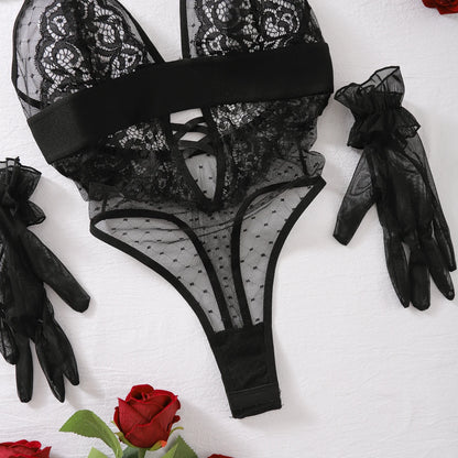 AVELINE 2024 Spring Erotic New Polka Dot Mesh Splicing See-Through Sexy Lingerie Jumpsuit Onlyfans
