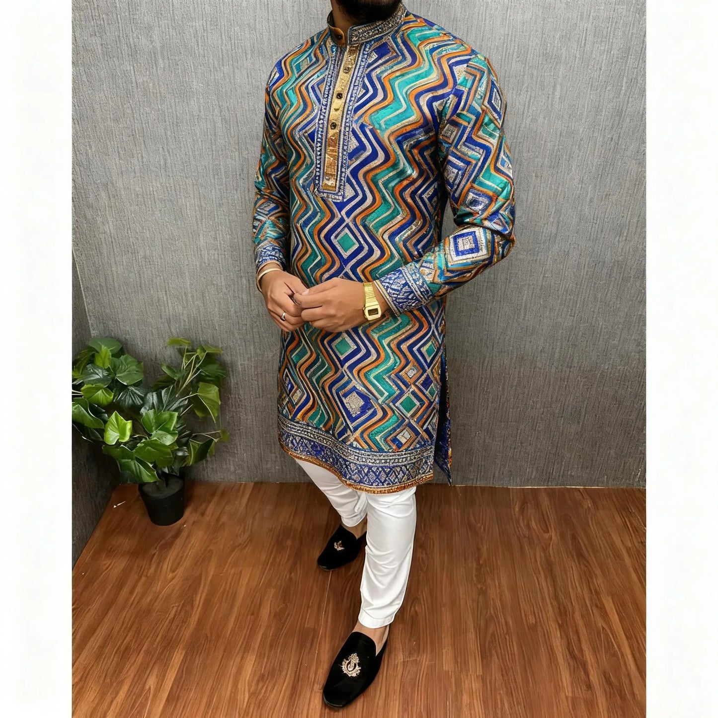 Men Islamic Arabic Abaya Robe Ethnic Print Stand Collar Youth Mid-length Shirt Luxury Coat Moslim Kleding Vestiti Musulmani Uomo
