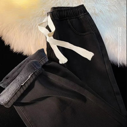 Thickened Fleece Straight Leg Jeans Women Winter New Small Size Wide Leg Cotton Elastic Waist Autumn Winter Pants