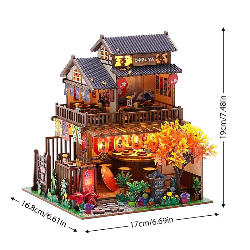 Japanese Izakaya Sushi Restaurant DIY Miniature Dollhouse Kit with LED Light 3D Wooden Puzzle Full Furniture Creative Gift