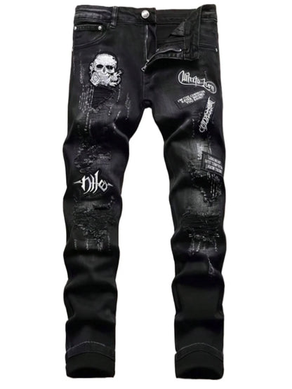 Men's Black Distressed Jeans Skull Patch & Embroidery Letter Print Slim Fit Stretch Denim Pants Street Fashion Biker Trousers