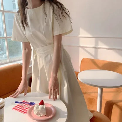 Elegant Pure Color Slim Fit Dress with Belt High Waist Spring Summer Autumn Short Sleeve Casual High Waist Skirt