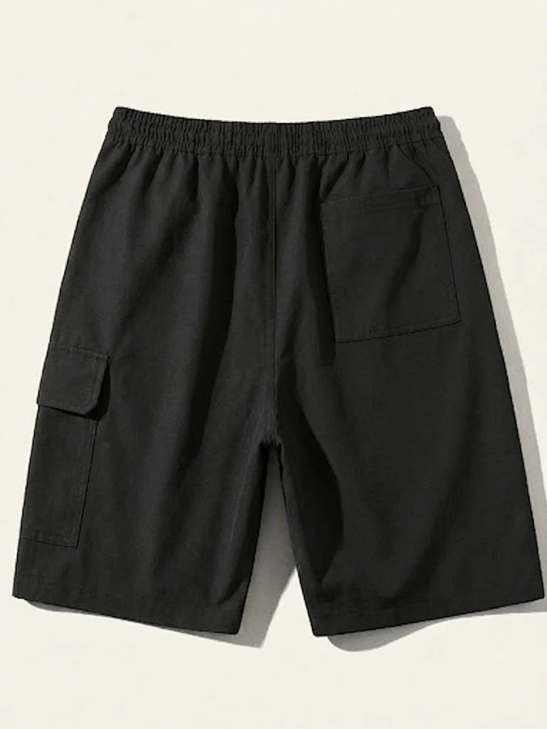 Men Black Logo Print Cargo Shorts, Drawstring Elastic Waist Loose Knee Length Pockets Summer Street Daily Sport Casual