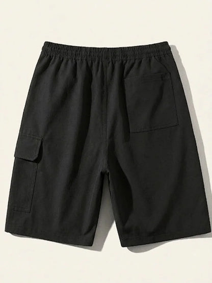 Men Black Logo Print Cargo Shorts, Drawstring Elastic Waist Loose Knee Length Pockets Summer Street Daily Sport Casual