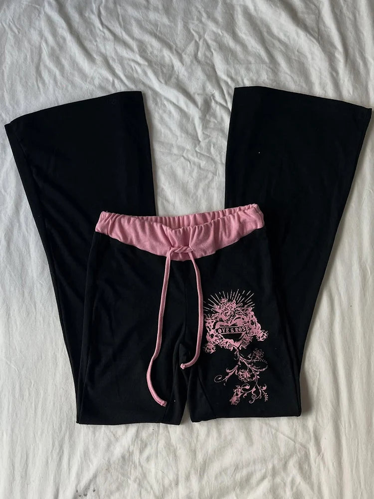 Hip-Hop Streetwear Pants Women Y2K Gothic Drawstring Trousers Spring Autumn Classic Fashion Pink-black Patchwork Bootcut Pants