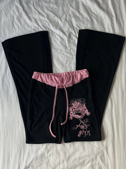 Hip-Hop Streetwear Pants Women Y2K Gothic Drawstring Trousers Spring Autumn Classic Fashion Pink-black Patchwork Bootcut Pants