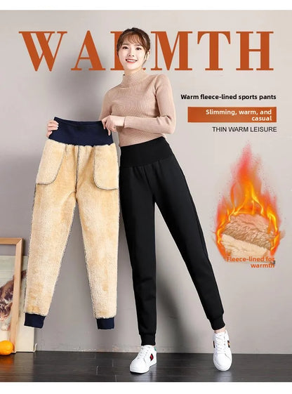 plus Size Fleece Lined Thickened Lamb Velvet Casual Slim Fit Pants Winter New Loose Warm Slimming Straight Leg Sweatpants