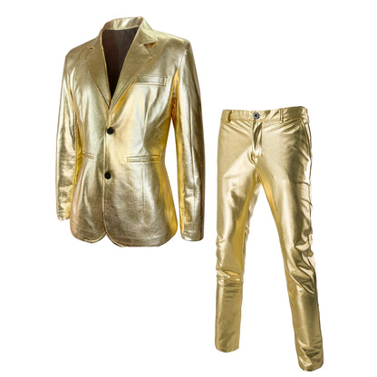 Men's Shiny Gold 2 Piece Suit, Metallic Blazer & Pants Set, Slim Fit Disco Party Stage Costume for DJ Club Prom Wedding