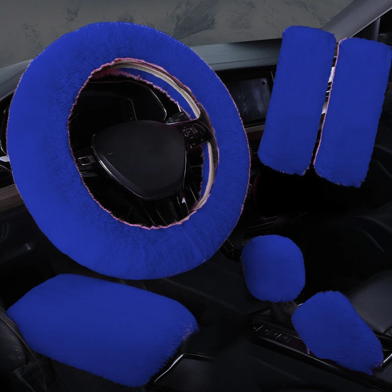 Plush Car Steering Wheel Cover 6piece Set Winter Warmth And Elastic Non Slip Handle Cover  Women's Car Interior Accessories