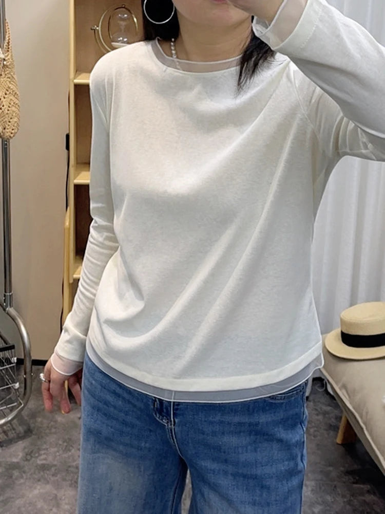 Spring New plus Size round Neck Mesh Splice Loose Long Sleeve Base Shirt Women Fat MM Slimming Belly Cover Simple T-shirt
